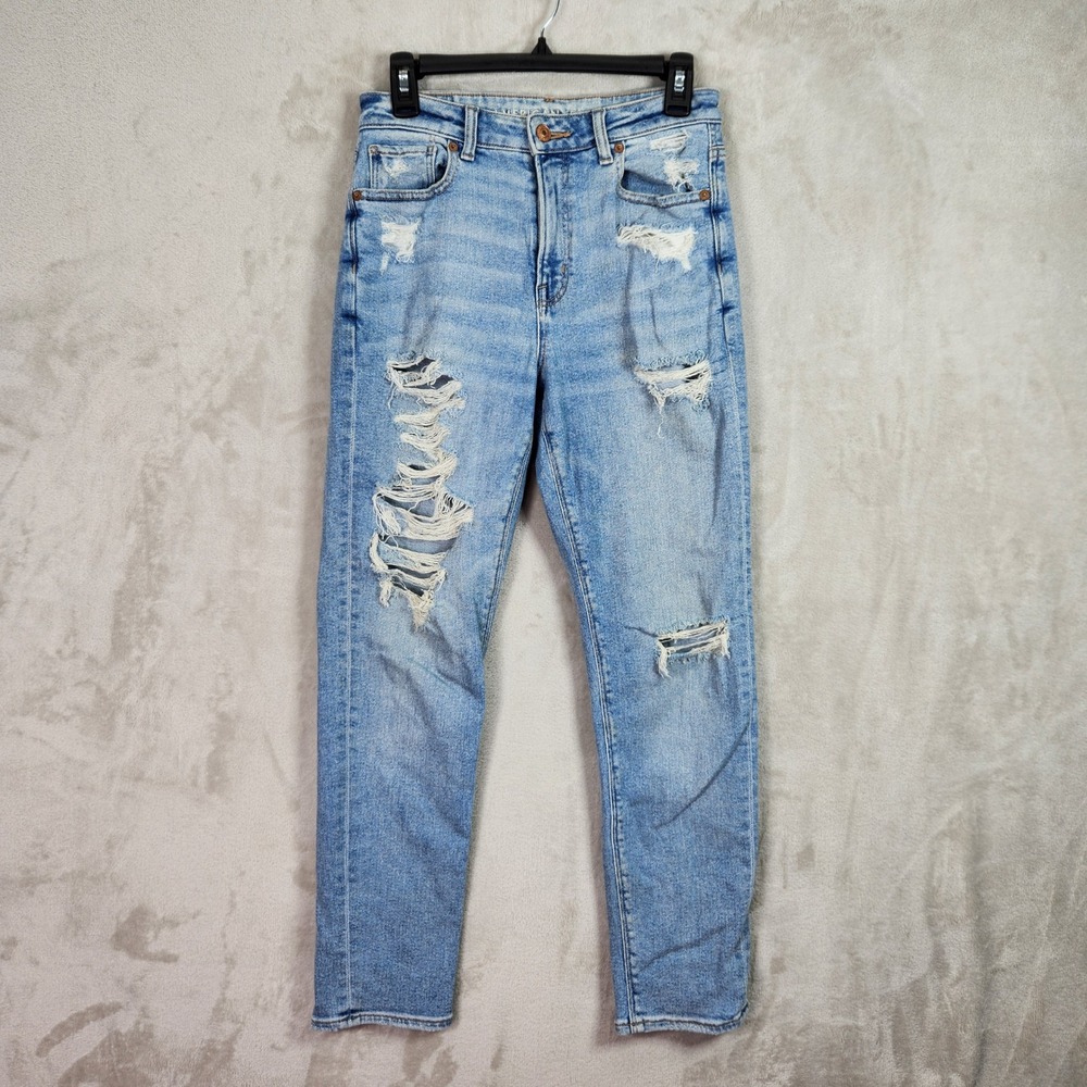 American Eagle Mom Jeans Womens 2 Blue Distressed High Rise Stretch Denim Casual